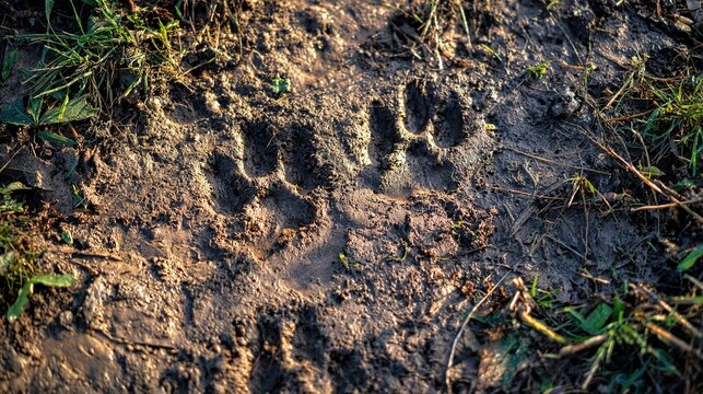 gait. Animal footprints in muddy ground after rainfall with wet soil and morning light. wildlife magazines, conservation campaigns, designed for eco-tourism storytelling, used by teachers.