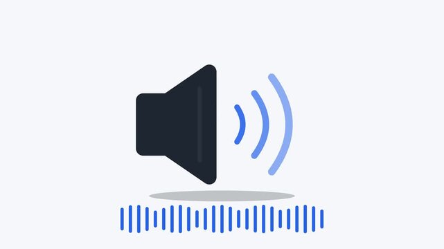 Minimal technology animation showing a classic mobile speaker icon generating expanding sound waves and increasing audio waveform amplitude from low to high volume
