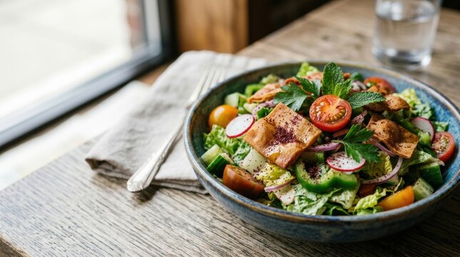 Fresh fattoush salad with toasted pita bread pieces inside blue bowl served on rustic wooden table near clean glass of pure water.