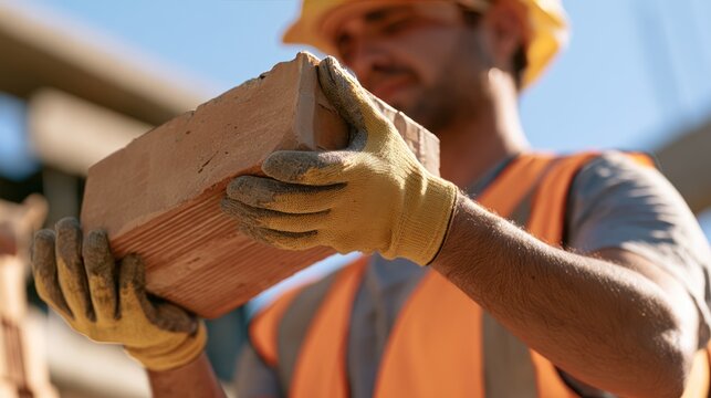 A construction worker wearing a hard hat and safety vest, holding a brick. The worker is wearing yellow gloves and the background is blurred, suggesting a construction site.