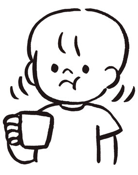 Boy Gargling with Water in a Cup, Child Hygiene and Health Education Line Art Illustration
