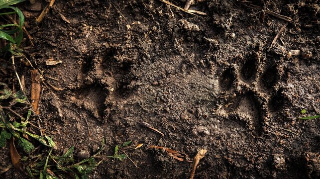 gait. Animal footprints in muddy ground after rainfall with wet soil and morning light. wildlife magazines, conservation campaigns, designed for eco-tourism storytelling, used by teachers.