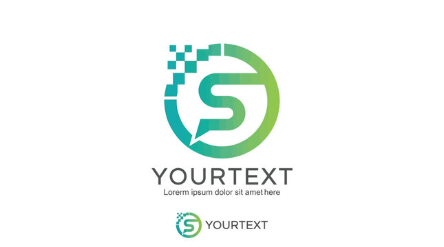Modern letter s logo design featuring digital pixel elements in a gradient green circular shape