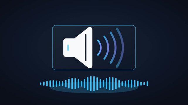 Minimal technology animation showing a speaker generating expanding sound waves and increasing audio waveform amplitude from low to high volume.