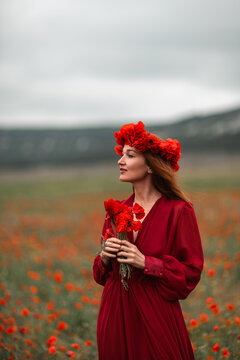 Woman poppies dress posing gracefully in vast red poppy field copy space