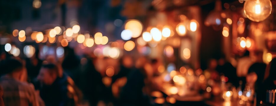 Blurred night bar scene with warm lights and people enjoying drinks  