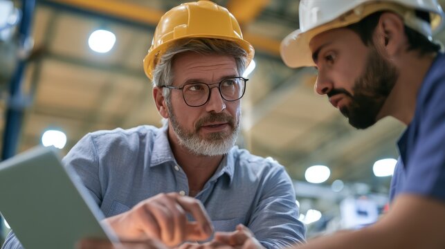 Two construction workers wearing hard hats in a factory, looking at a tablet and discussing plans. One worker is older with glasses and a beard, the other is younger with a beard.