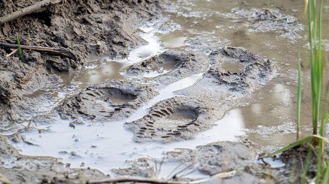 gait. Animal footprints in muddy ground after rainfall with wet soil and morning light. wildlife magazines, conservation campaigns, designed for eco-tourism storytelling, used by teachers.