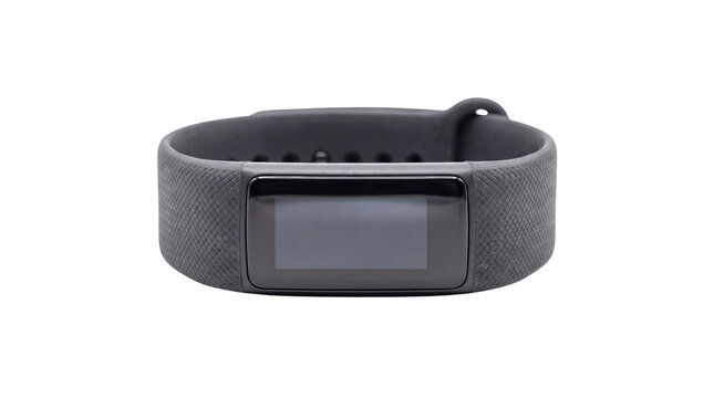 Black fitness tracker with digital screen, wearable smart watch for health monitoring, modern activity band on white background