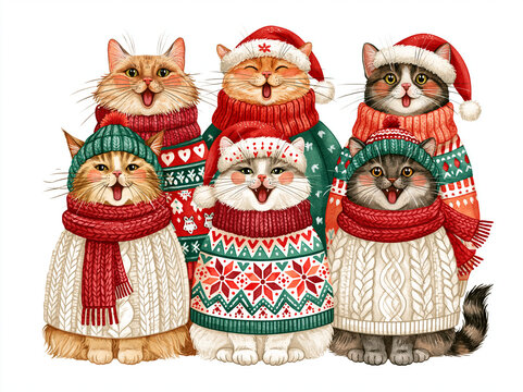 Choir of cute cats in Christmas outfits - knitted hats, sweaters and scarves, singing together carols at New Year celebration