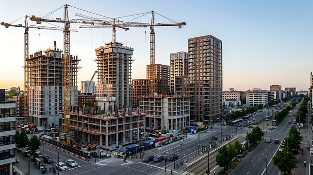 High angle view of a busy urban construction site with tall cranes and new high-rise residential buildings in a developing city center