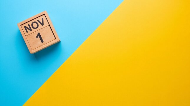 Wooden calendar block showing november first placed on a vibrant blue with surface divided diagonally diagonally between bright blue yellow colors presentation