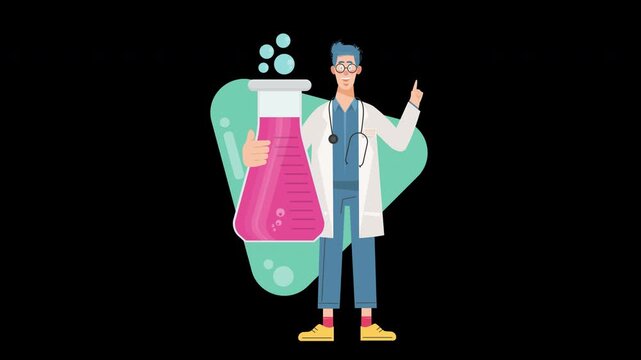Animated male scientist holding giant chemical flask with pink liquid