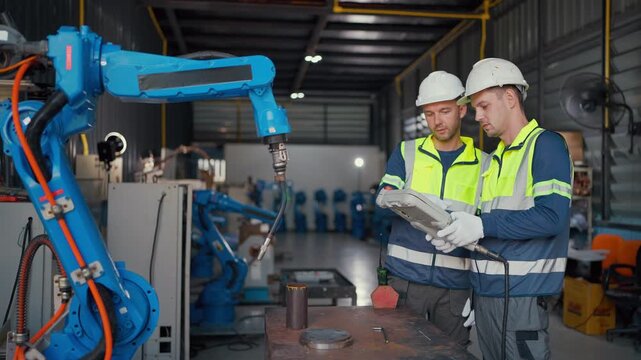 Two workers inspect machinery beside a robotic arm. They wear hard hats and high-visibility vests