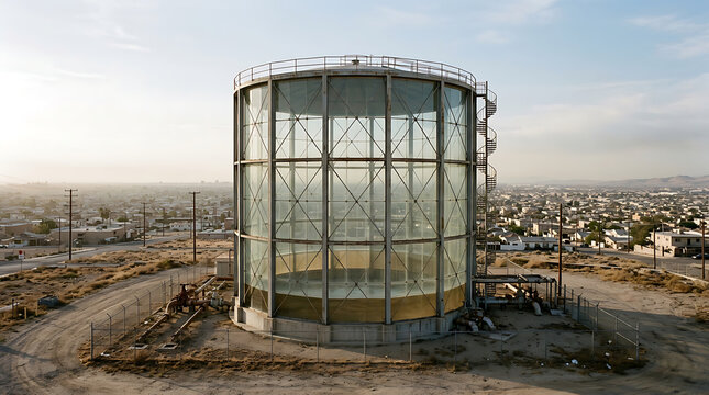 Aerial view of a large vintage cylindrical metal gasometer frame on a dusty hill