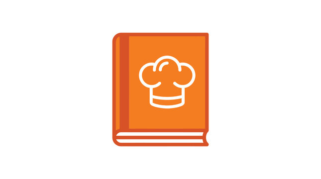 Orange cookbook vector illustration featuring a clean white chef hat icon for professional kitchen design projects