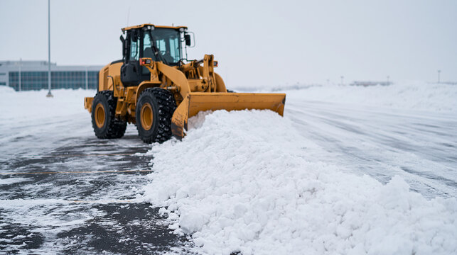 Heavy machinery clears snow from a parking lot on a chilly winter day in a suburban area Generative AI