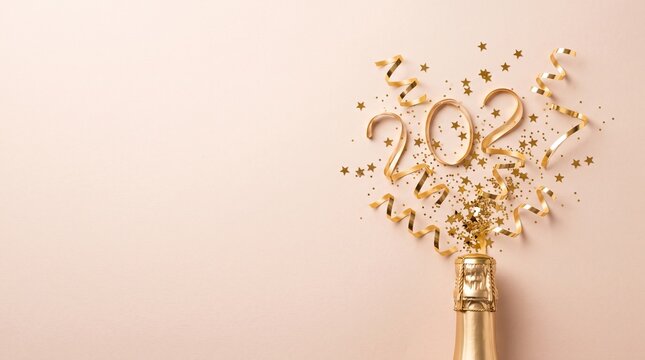 Golden 2027 New Year celebration, champagne bottle with exploding confetti and numbers, festive holiday background