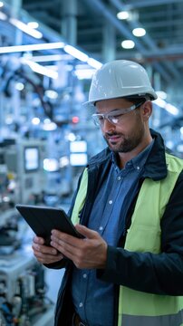 An industrial worker in a hard hat and safety vest uses a tablet in a factory