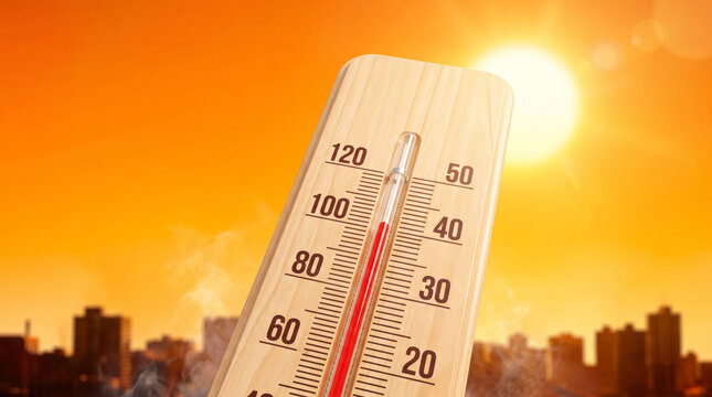 Thermometer sun heatwave over city skyline. Global warming extreme heat wave warning. climate weather hot heat, high temperature degree measurement