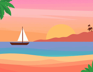 Naklejka premium Tropical Beach Sunset with Sailboat and Pastel Coastal Landscape