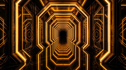 Fototapeta premium Luxury golden neon tunnel with bold geometric frames, glossy reflections, and dramatic depth.