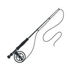 Obraz premium Fishing rod with reel and line ready for casting on water with stands upright spool looped casting