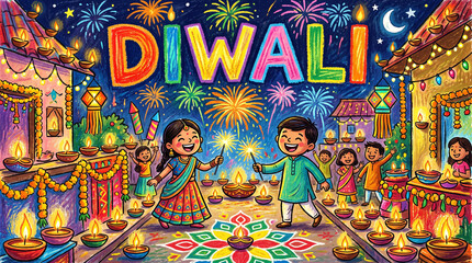Obraz premium Cute Diwali Festival Artwork, Kids Drawing Pastel Sketch with Traditional Indian Lights