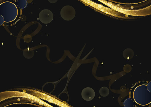 Elegant black and gold luxury poster background with sparkling waves, decorative circles, stars, and ribbon accents, ideal for premium beauty or fashion designs.