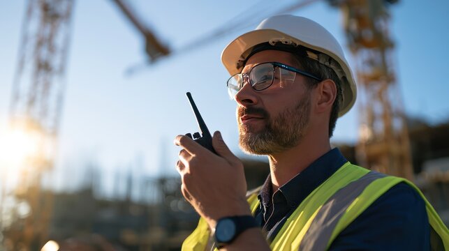 A construction worker in a hard hat and safety vest speaks on a walkie-talkie at a sunny construction site