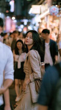 A young woman walking through a bustling night market street, with people blurred in the background and neon lights illuminating the scene. She looks back at the camera with a confident expression