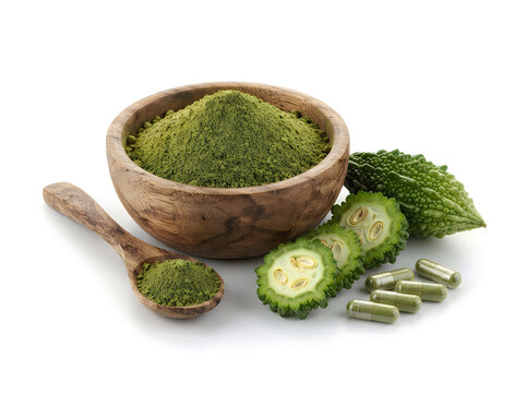 Bitter melon powder in a wooden bowl with a spoon, fresh bitter gourd slices, and herbal capsules isolated on white background