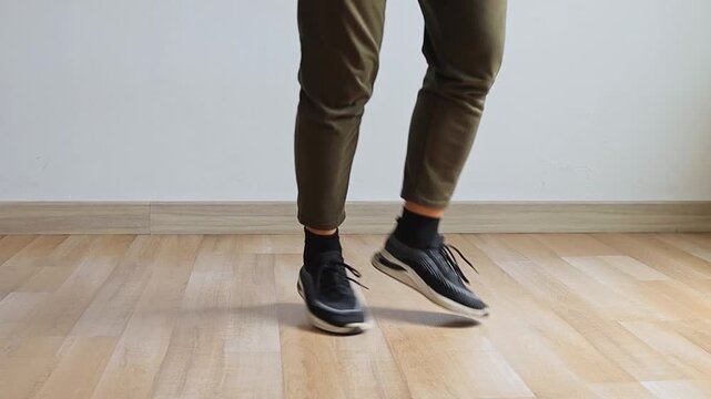 Close-up on Fitness enthusiast practicing quick crossover footwork cardio drills at home