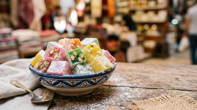 Colorful turkish delight lokum confections stacked in a patterned bowl on rustic wooden table with scattered powdered sugar and spoon.