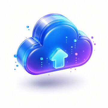  3D cloud computing icon with glowing upload arrow, glossy blue and purple server storage data transfer sync symbol isolated on white background for web network hosting technology concept