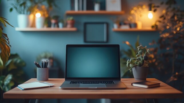 A stylish home office setup showcases a wooden desk with a laptop and notebook, complemented by soft lighting against dark blue walls.