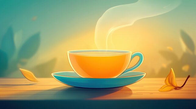 A hand gently holds a steaming cup of hot tea, with rising steam evoking warmth and calmness, framed by a sunny window and a serene landscape in the background.