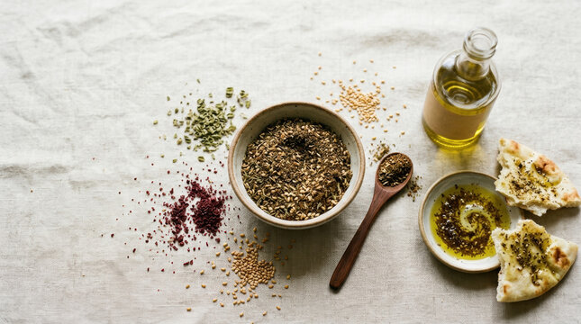 Mediterranean spice blend zaatar olive oil flatbread and assorted spices on a textured linen tablecloth.