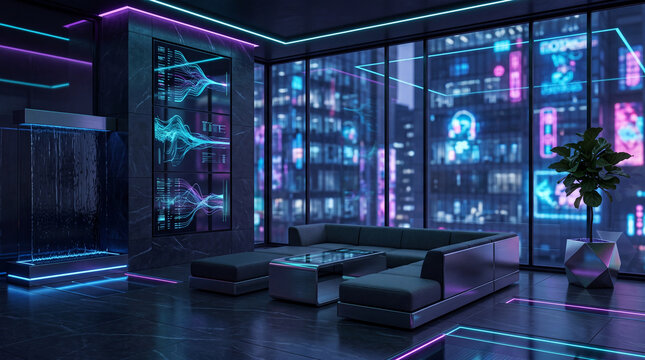 Futuristic cyberpunk penthouse interior with neon city view, digital screens, and luxury furniture in a high-tech skyscraper.