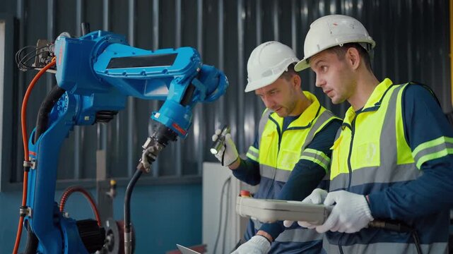 Blue robotic arm moves precisely in factory setting. Two workers in safety gear observe with focused attention. They stand near equipment