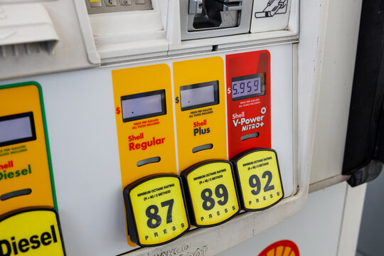 A close view of a Shell fuel pump display showing Regular, Plus and V Power Nitro octane buttons, the premium price reading an expensive 5.959 dollars a gallon.