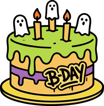 Birthday cake with dripping green frosting features ghost toppers and glowing candles.