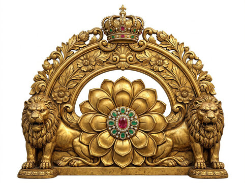 Golden Lion and Lotus Sinhasan with Jeweled Floral Center and Ornate Carved Backrest