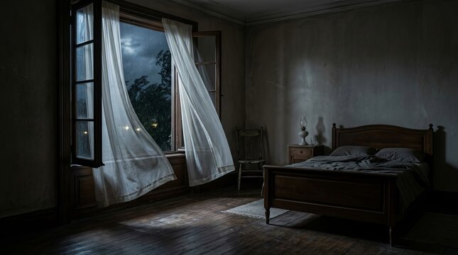 Dimly lit rustic bedroom featuring open window with blowing curtains during heavy rainstorm for cinematic horror vibes or gloomy interior design portfolio presentation now.