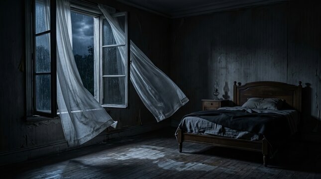Dark moody bedroom interior with white curtains blowing in rainy storm through open window beside vintage bed frame for horror concept or melancholy lifestyle atmosphere.