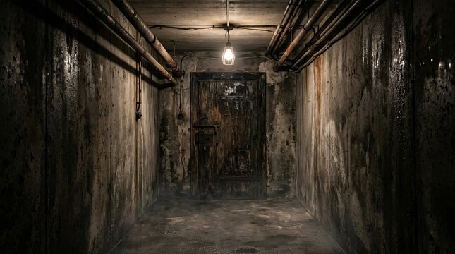 Dark basement corridor with aged concrete walls and weathered pipes leads toward heavy wooden door illuminated by single hanging light bulb creating moody suspenseful atmosphere.