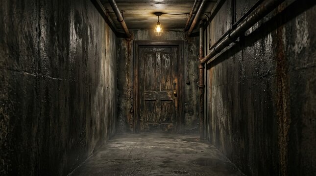 Old abandoned basement hallway featuring peeling walls rusted pipes and flickering single light bulb above closed wooden door for suspenseful or cinematic horror themes.