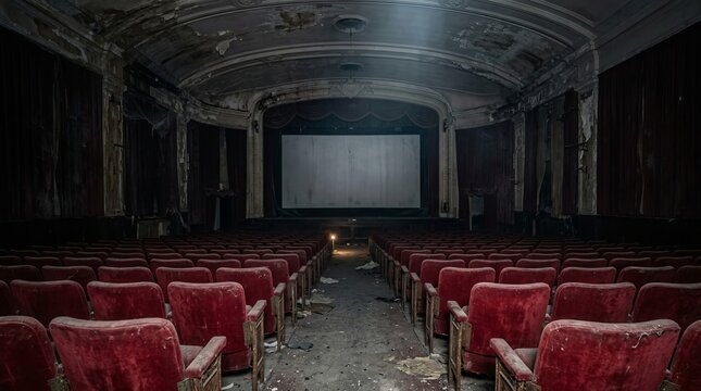 Abandoned vintage cinema interior displays rows of worn red velvet seats facing blank screen under crumbling ceiling within decaying theater hall capturing sense of nostalgia.