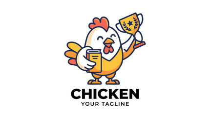 Fototapeta premium Cute cartoon chicken mascot holding a book and a trophy.
