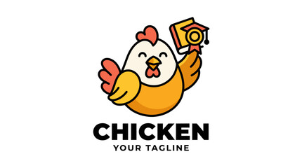 Fototapeta premium Cute cartoon chicken mascot holding a graduation book logo design.